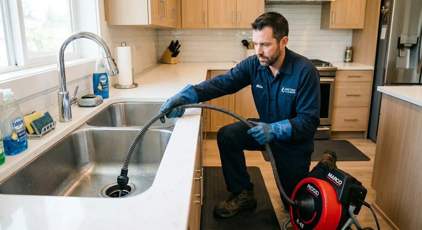 Drain cleaning technician using a motorized snake on a kitchen sink in Kerman