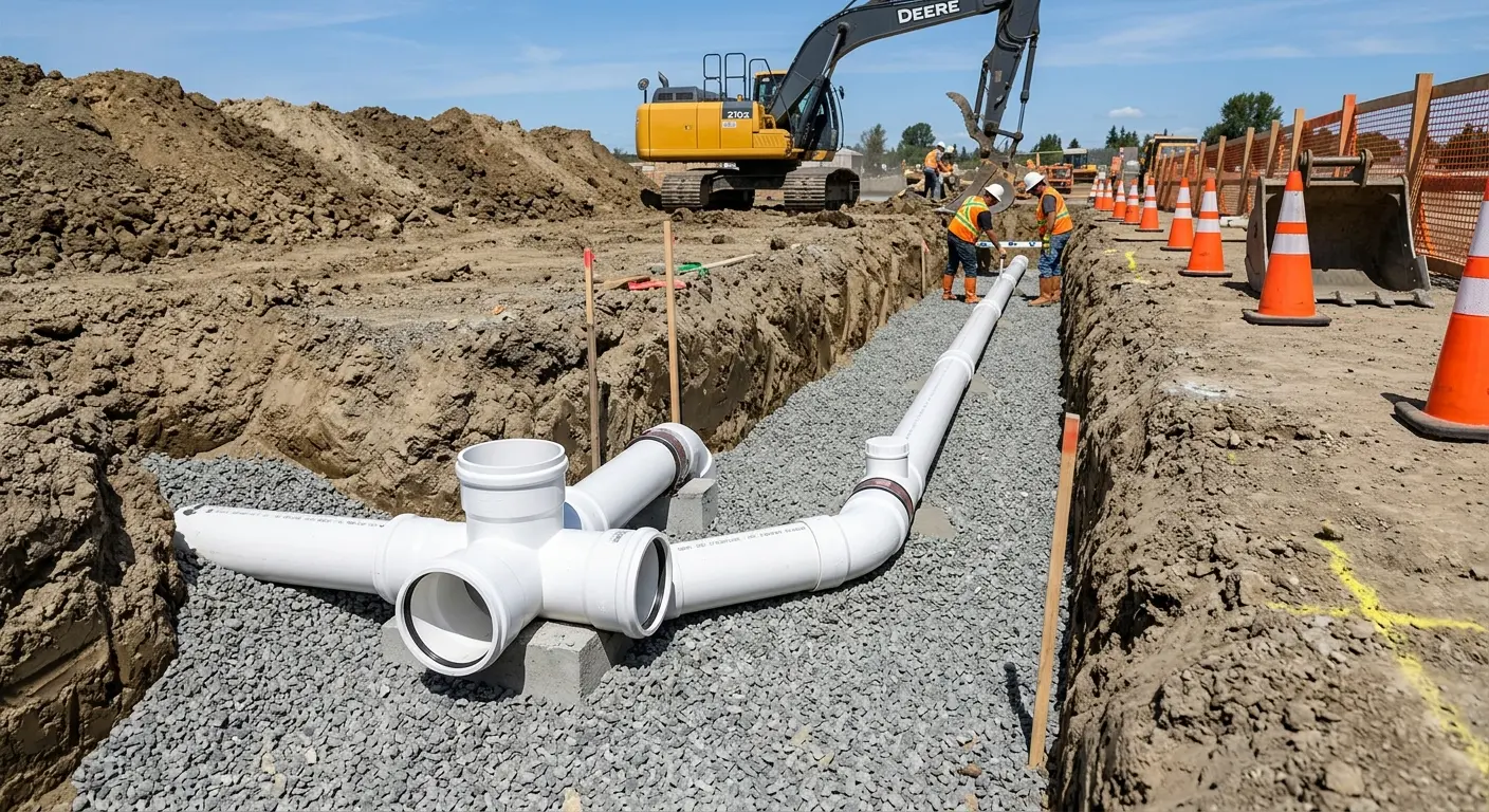 New PVC sewer pipe installation in open trench for Sewer Camera Inspection in Kerman