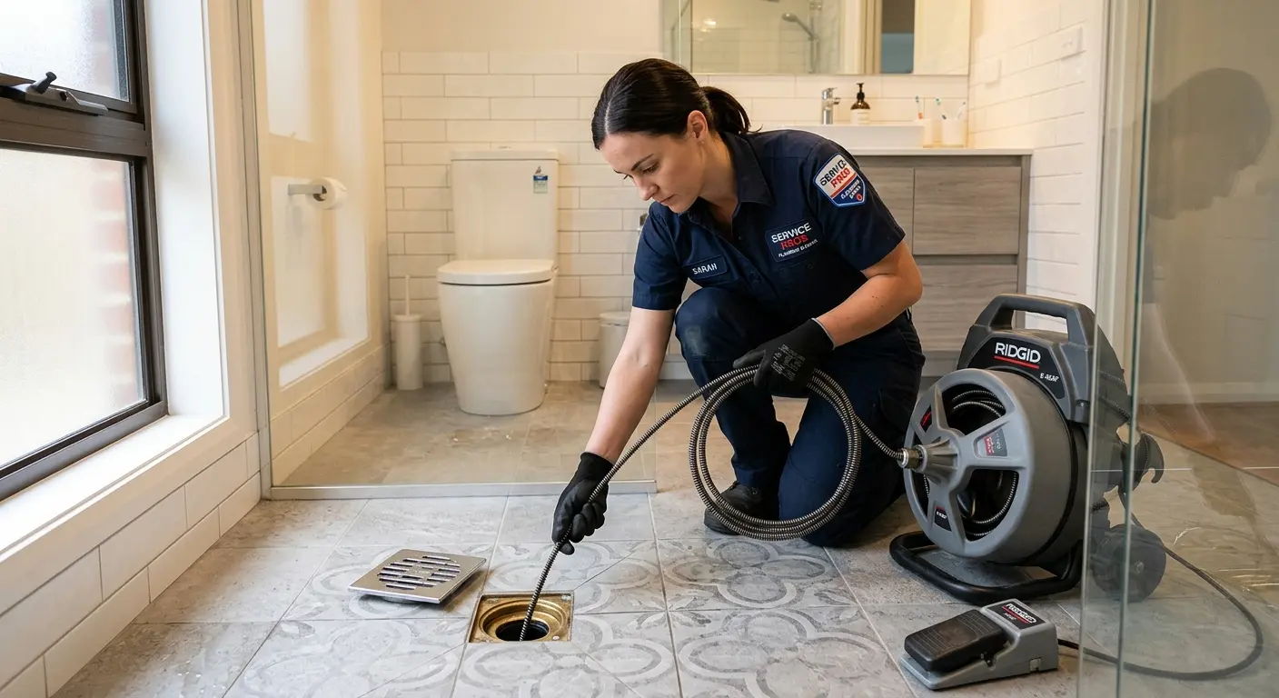 Technician clearing a bathroom floor drain for Sewer Line Replacement in Kerman